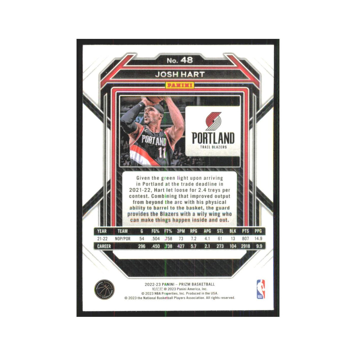 Josh Hart 2022 Panini Prizm #48 Portland Trail Blazers Basketball Card NM