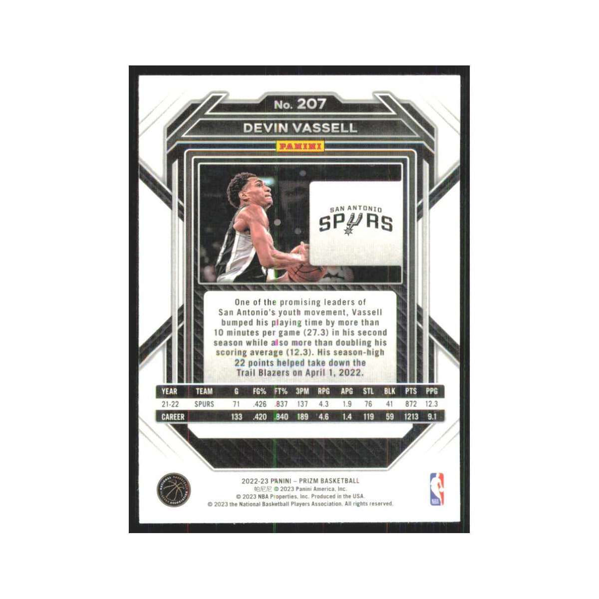Devin Vassell 2022 Panini Prizm #207 San Antonio Spurs Basketball Card NM