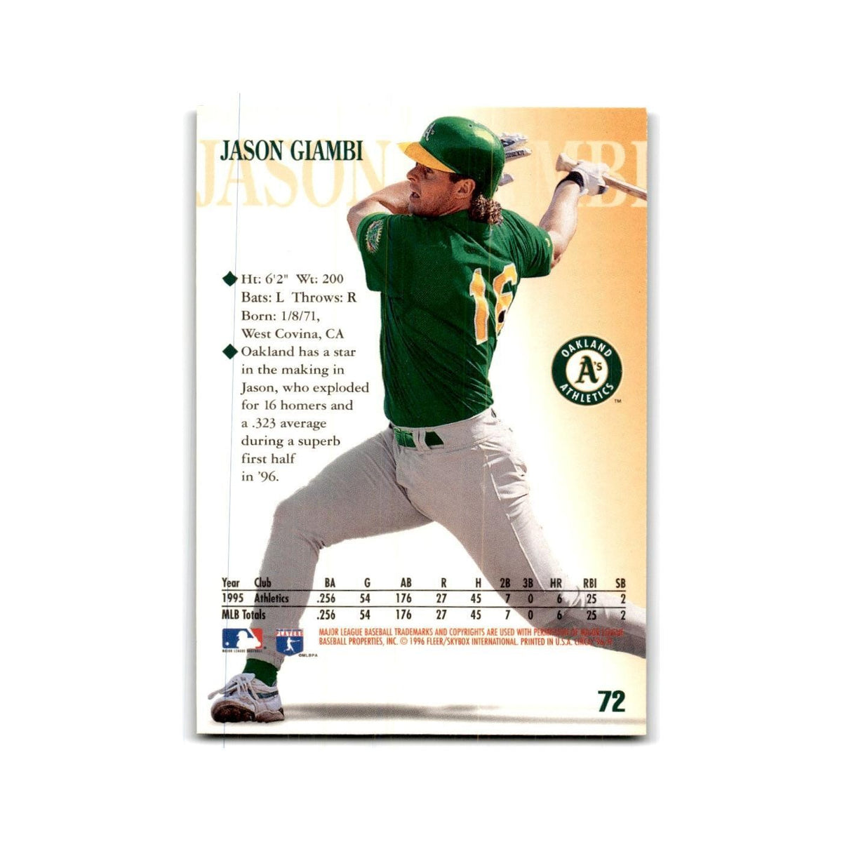 Jason Giambi 1996 Circa #72 Oakland Athletics Baseball Card NM