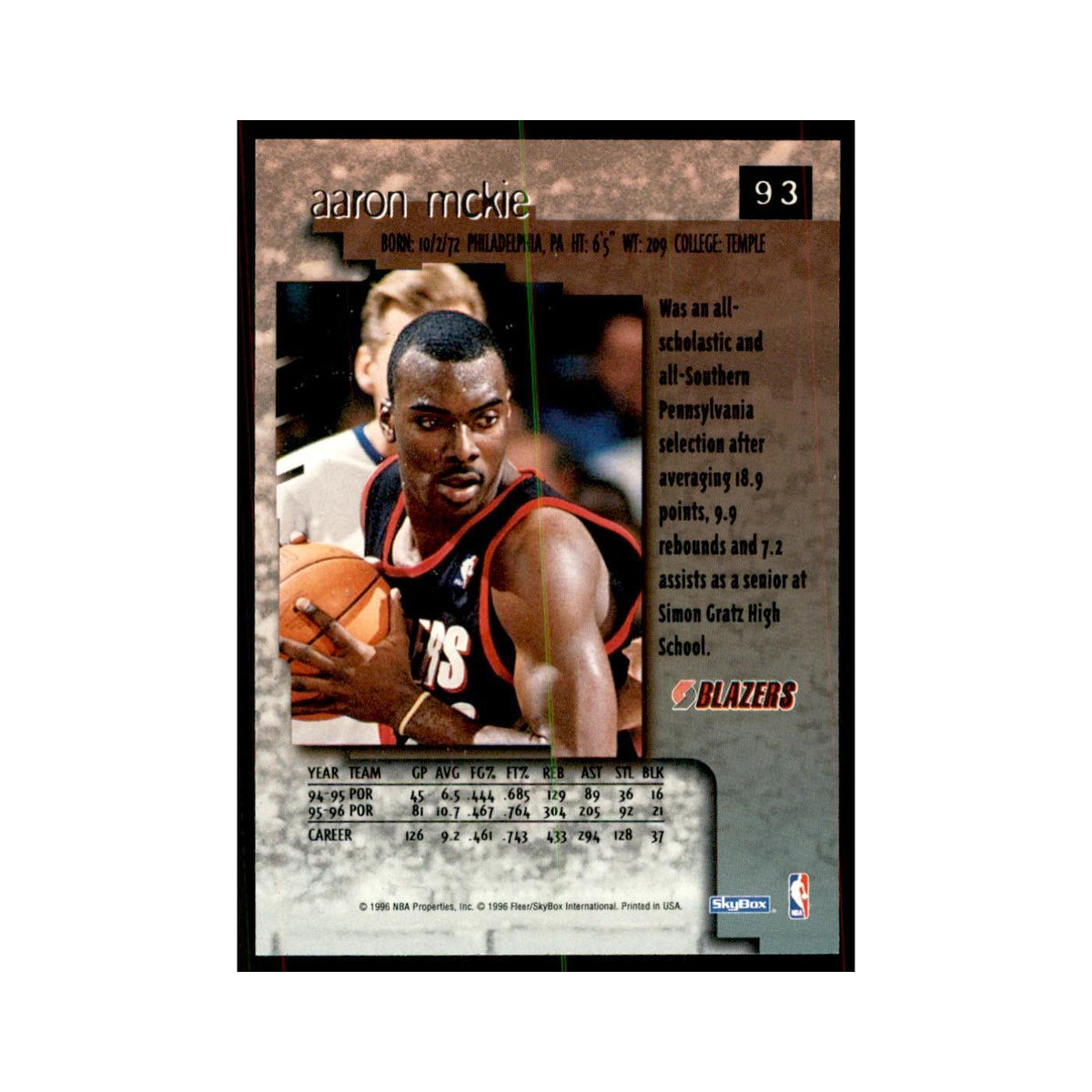1996 SkyBox Premium Aaron McKie Basketball Cards #93