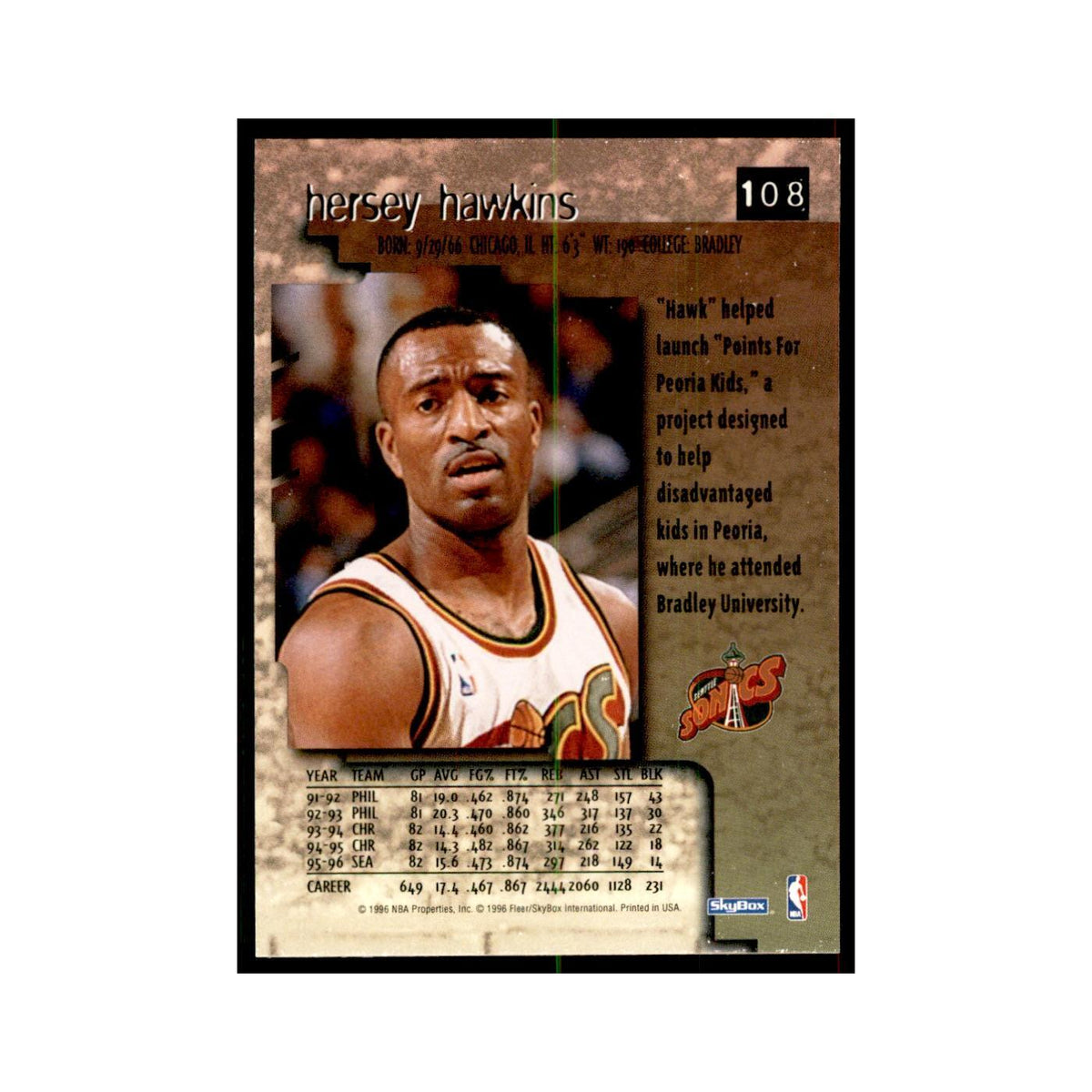 1996 SkyBox Premium Hersey Hawkins Basketball Cards #108