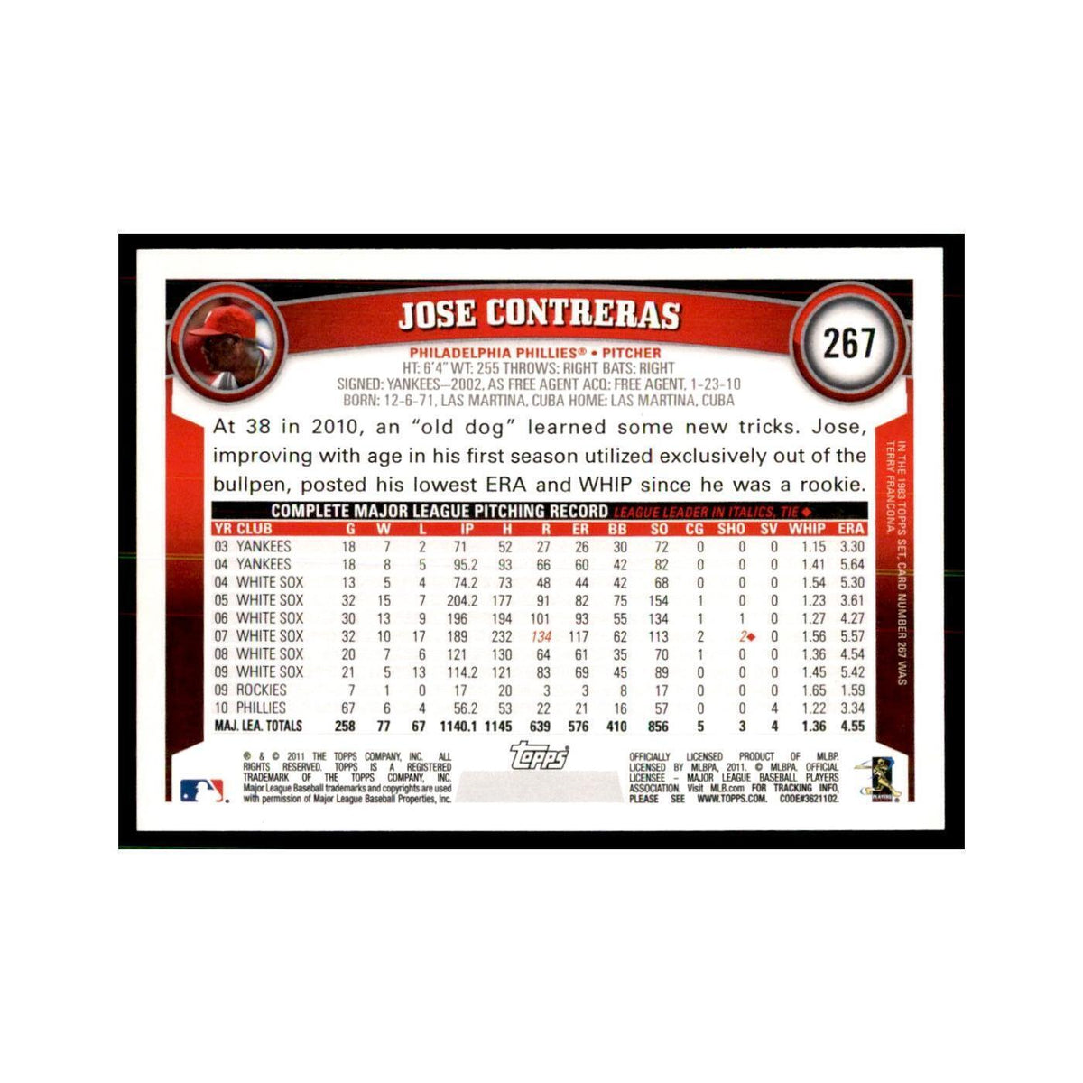 2011 Topps Jose Contreras Baseball Cards #267