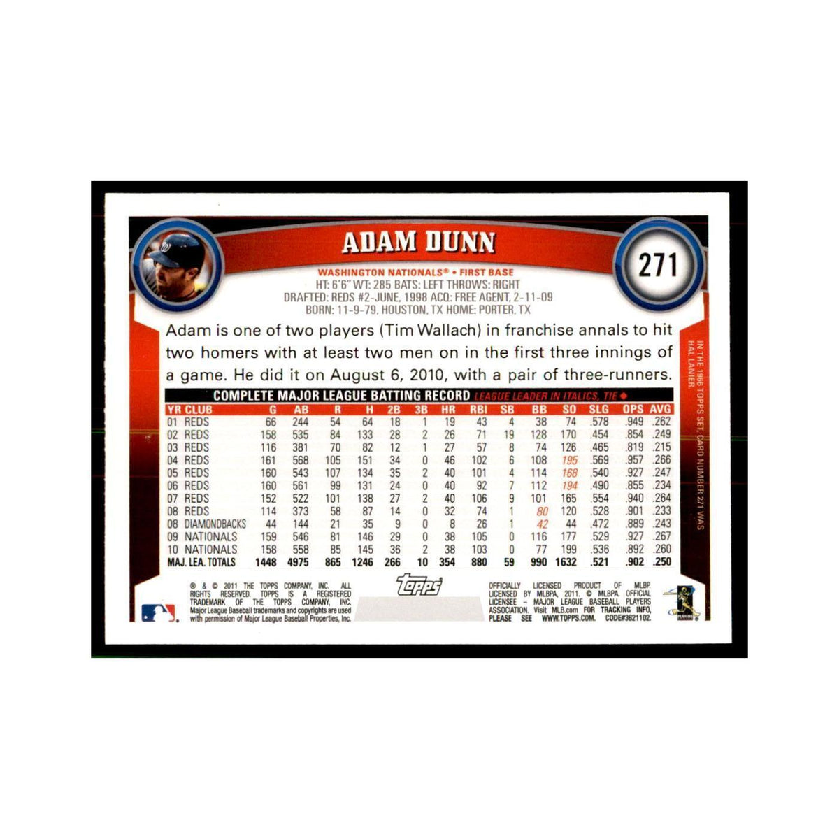 2011 Topps Adam Dunn Baseball Cards #271