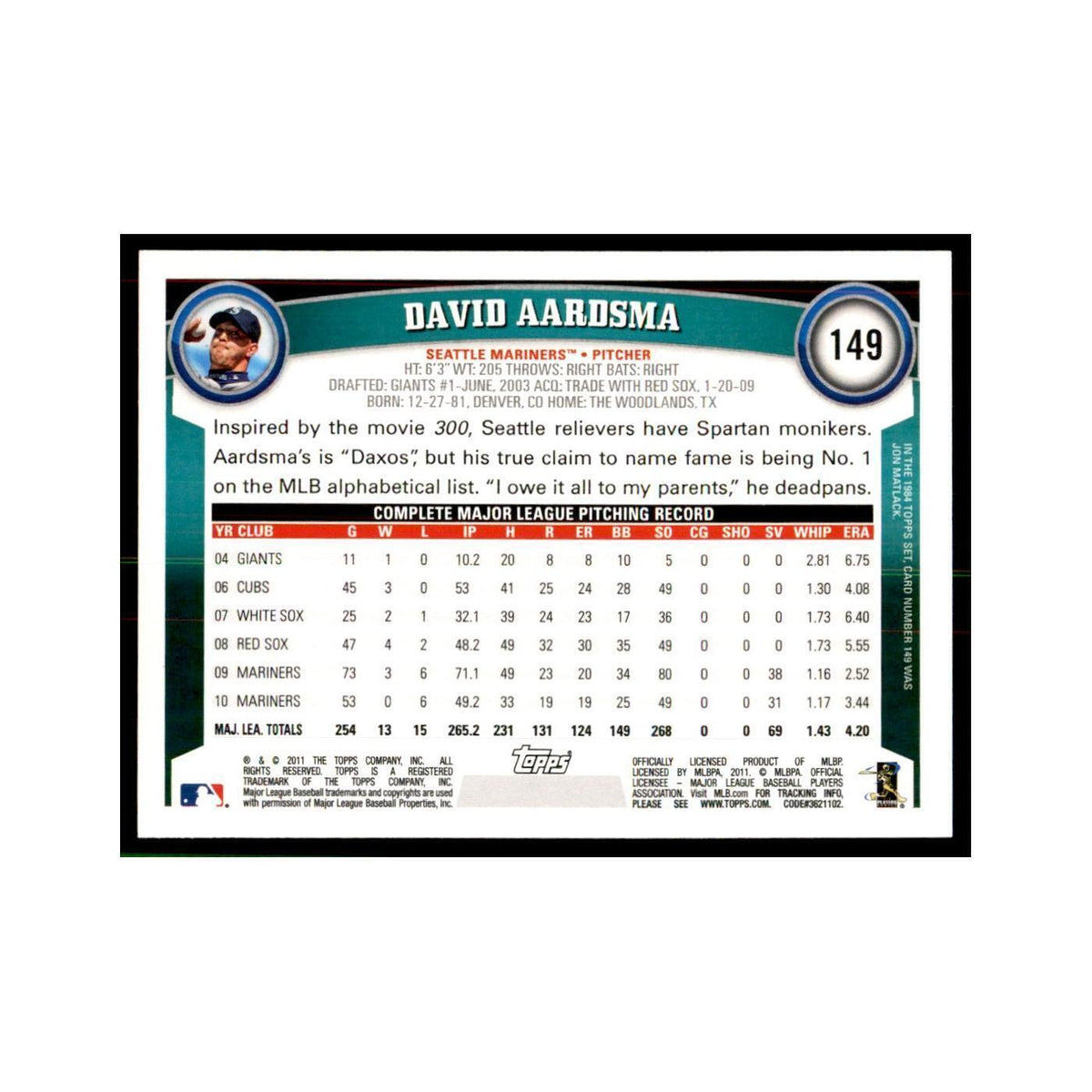 2011 Topps David Aardsma Baseball Cards #149