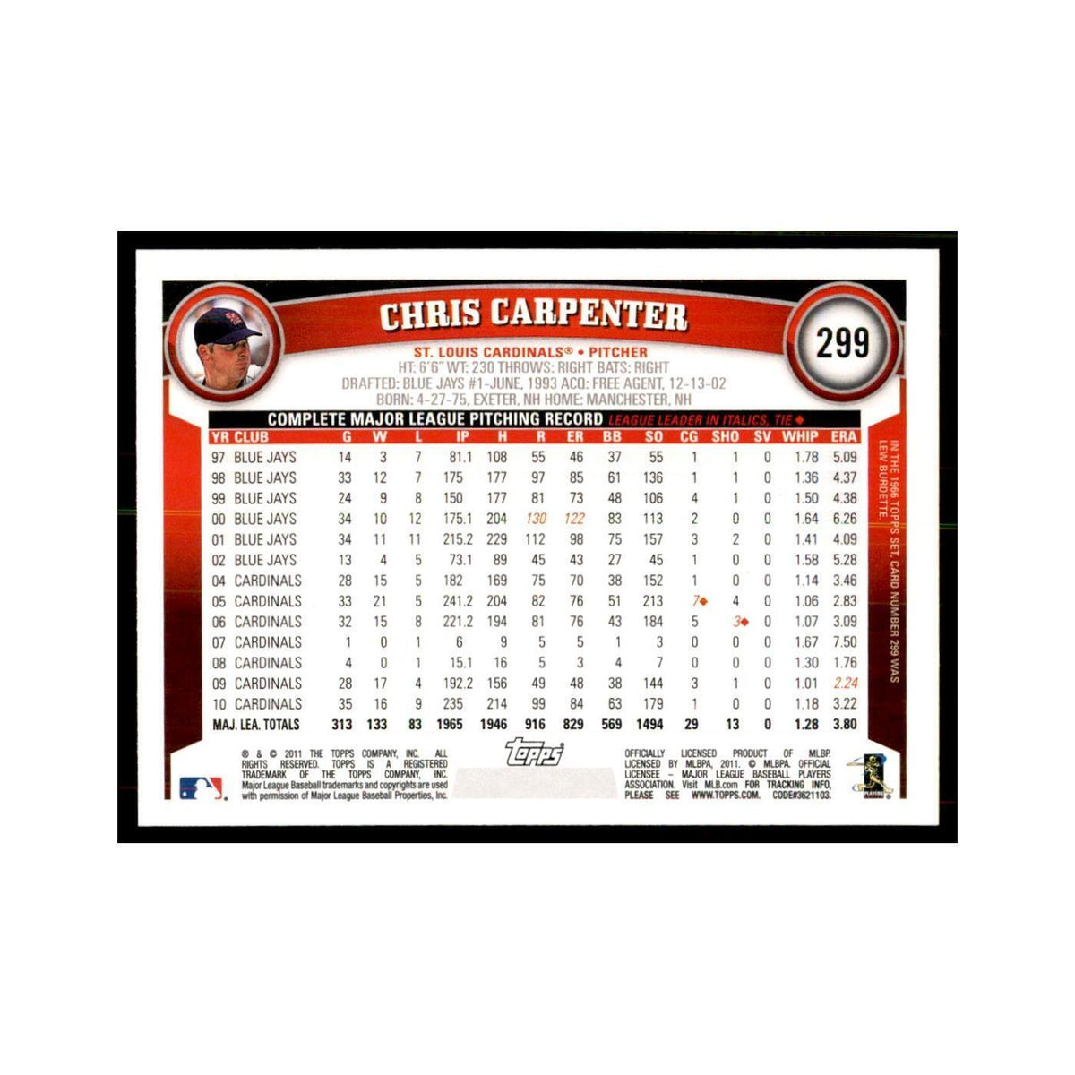 2011 Topps Chris Carpenter Baseball Cards #299