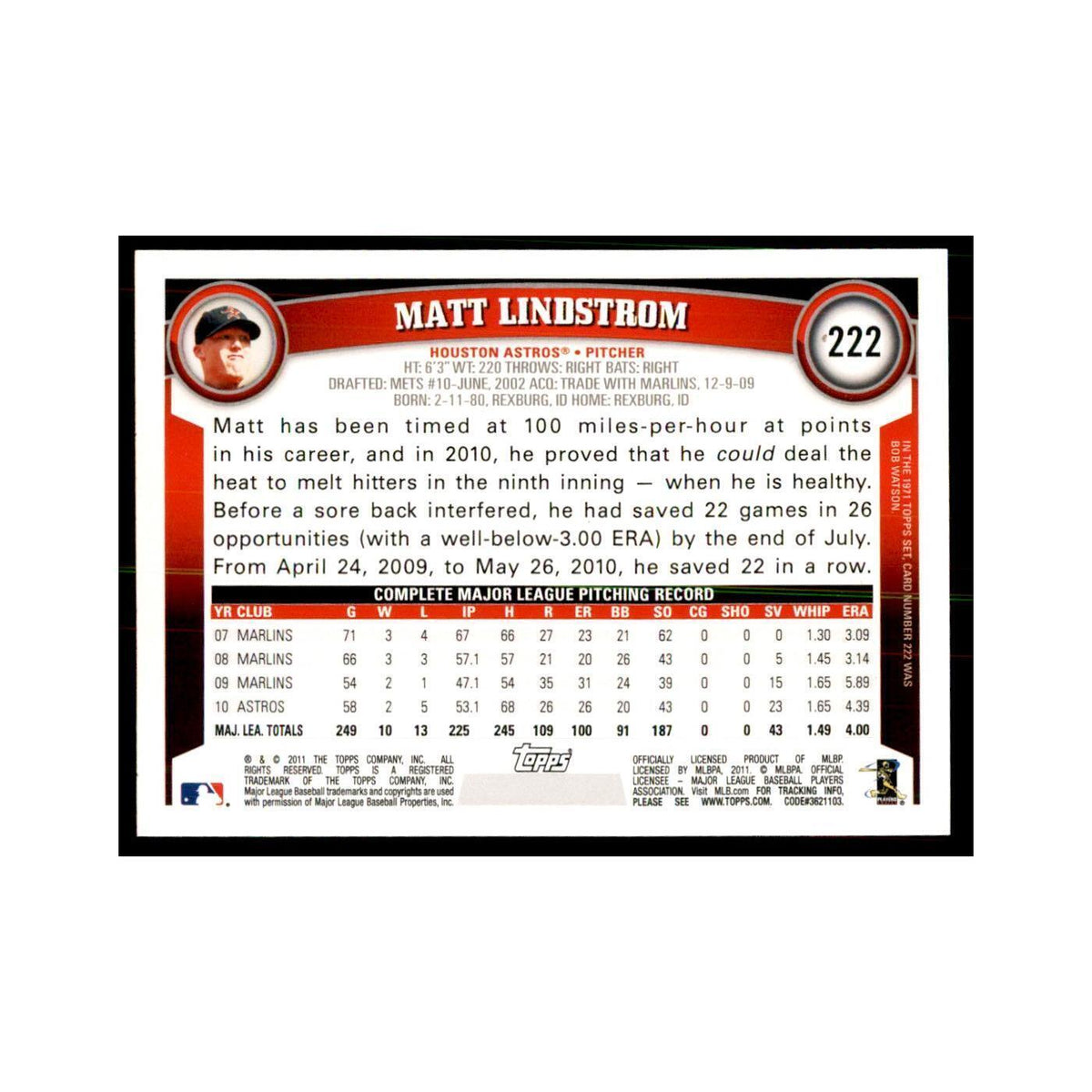 2011 Topps Matt Lindstrom Baseball Cards #222