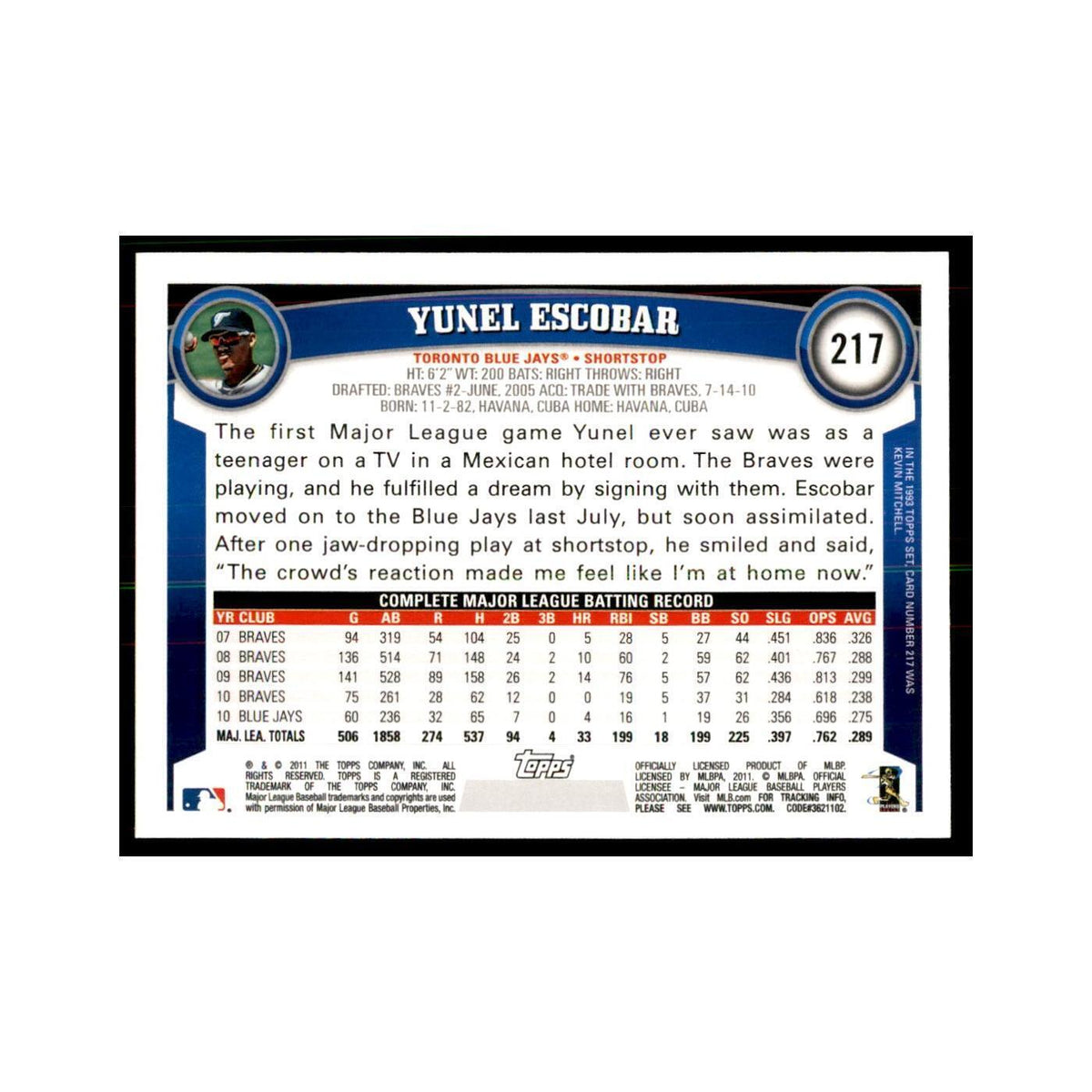 2011 Topps Yunel Escobar Baseball Cards #217