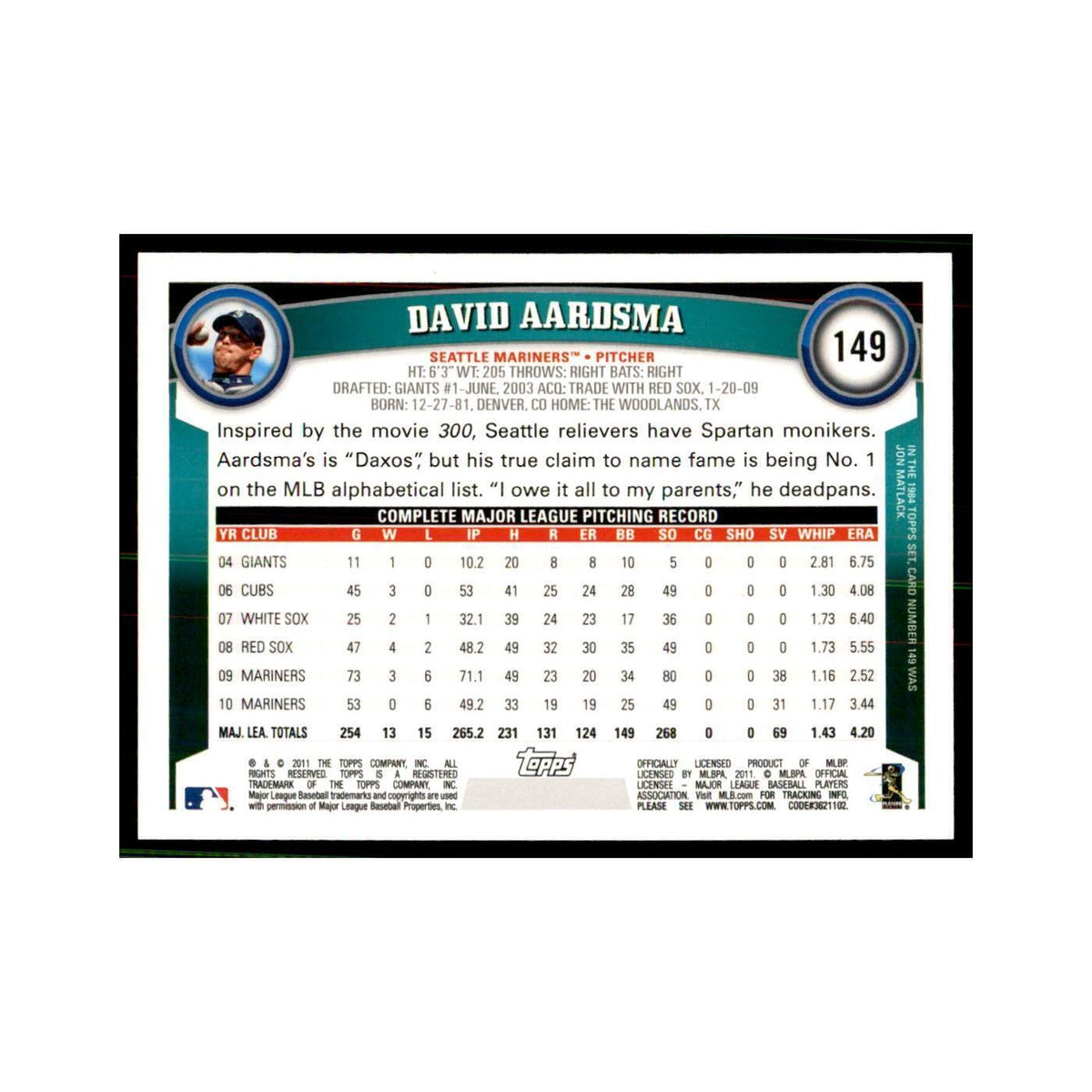 2011 Topps David Aardsma Baseball Cards #149