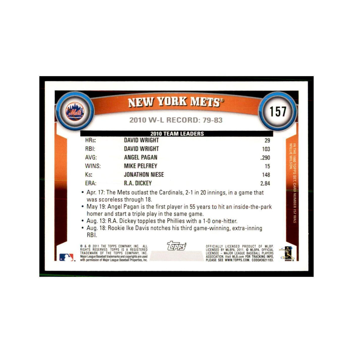 2011 Topps New York Mets Baseball Cards #157
