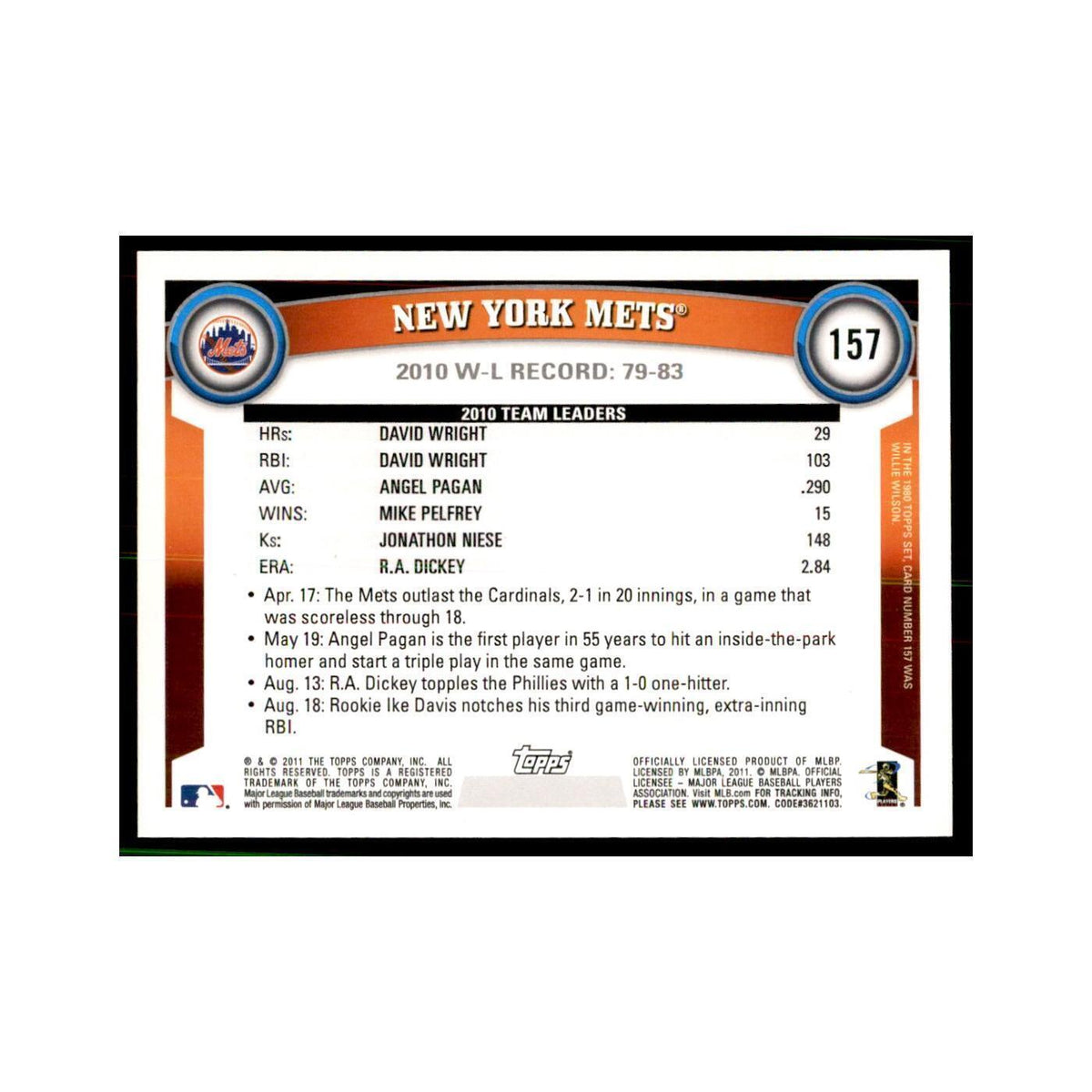 2011 Topps New York Mets Baseball Cards #157