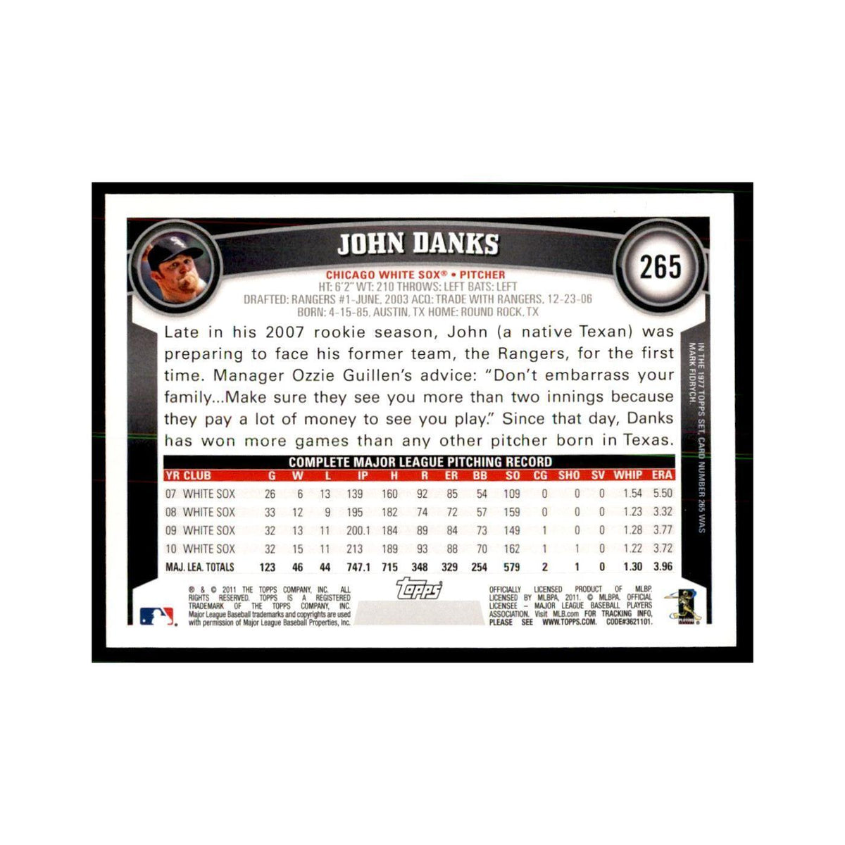 2011 Topps John Danks Baseball Cards #265