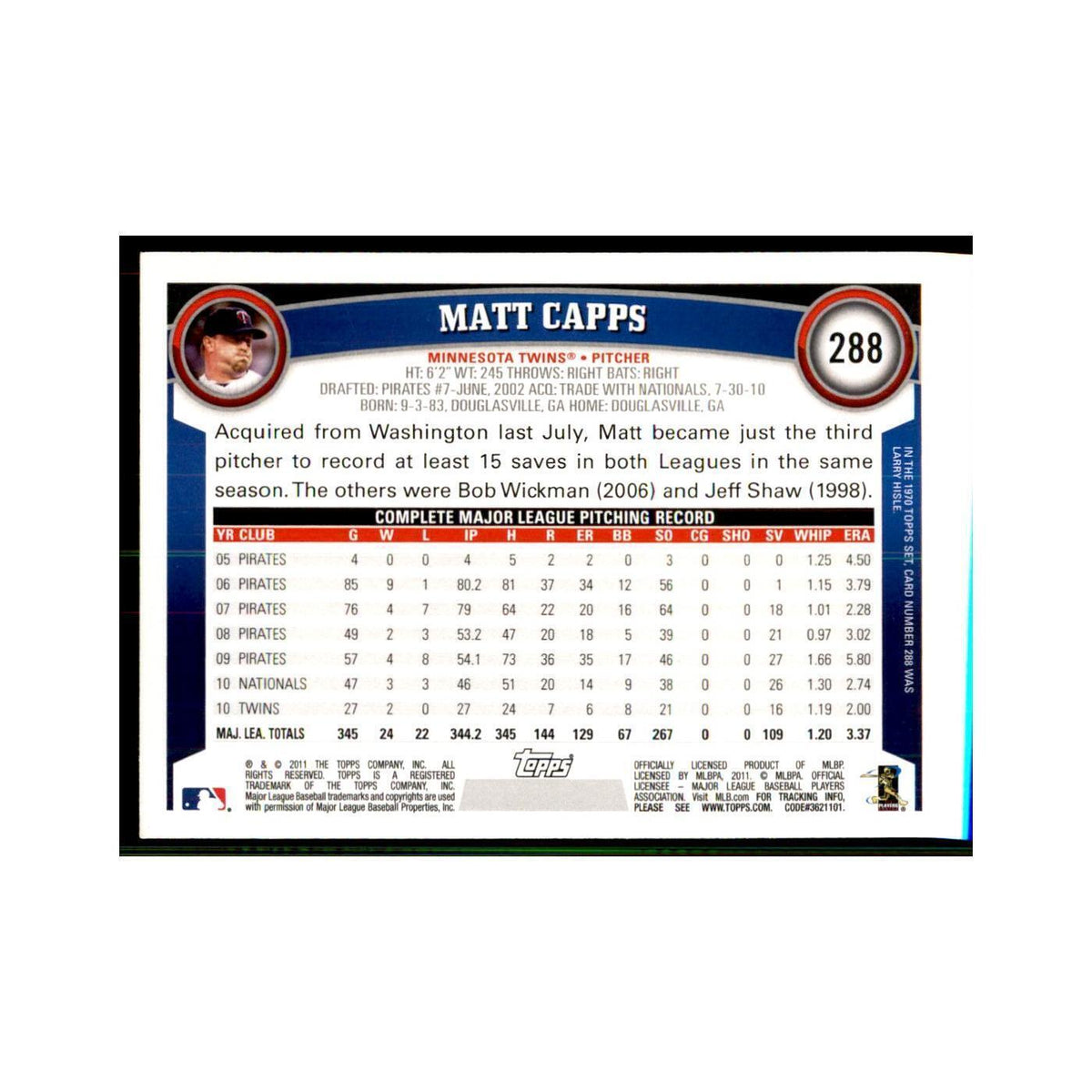 2011 Topps Matt Capps Baseball Cards #288