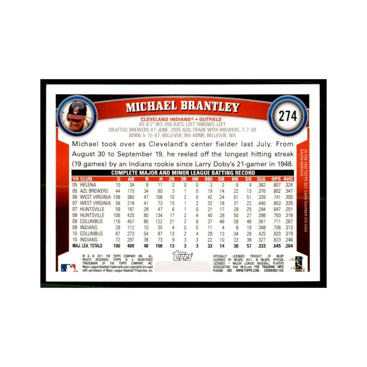 2011 Topps Michael Brantley Baseball Cards #274