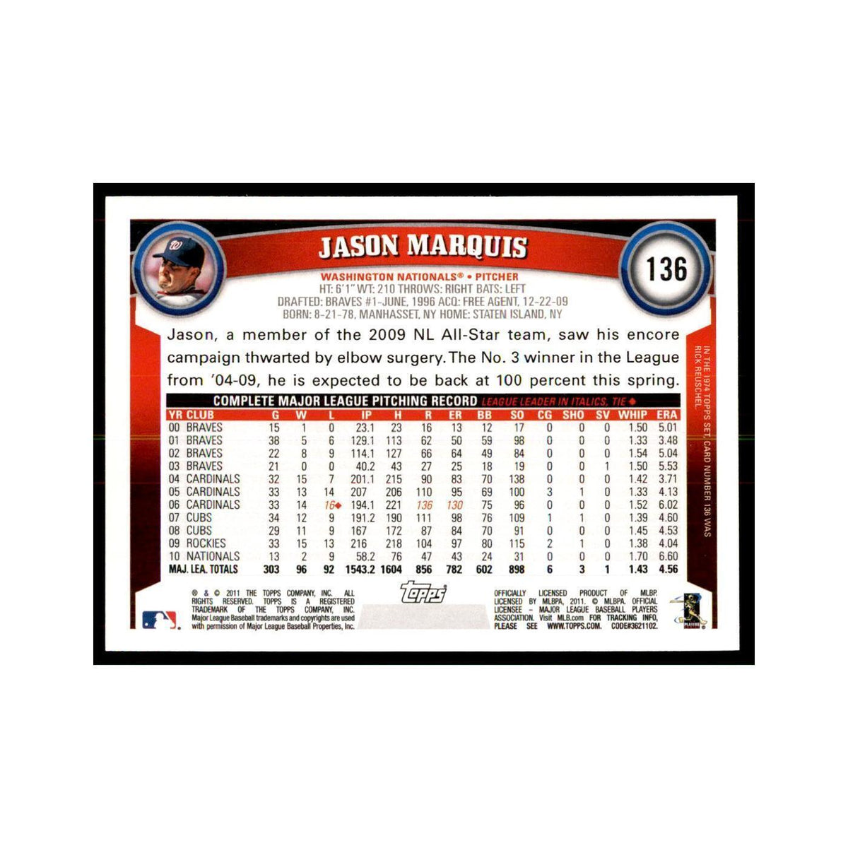 2011 Topps Jason Marquis Baseball Cards #136