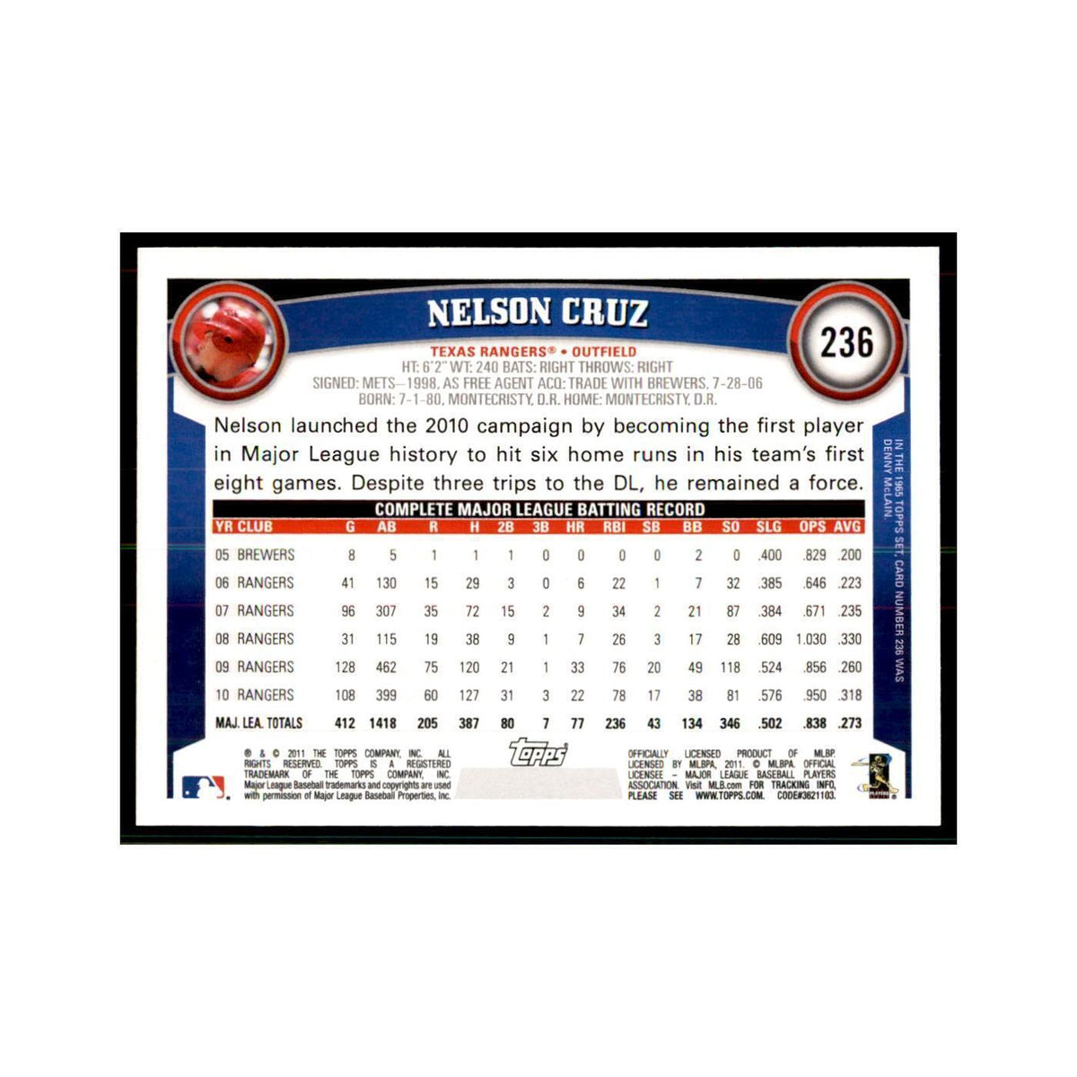 2011 Topps Nelson Cruz Baseball Cards #236