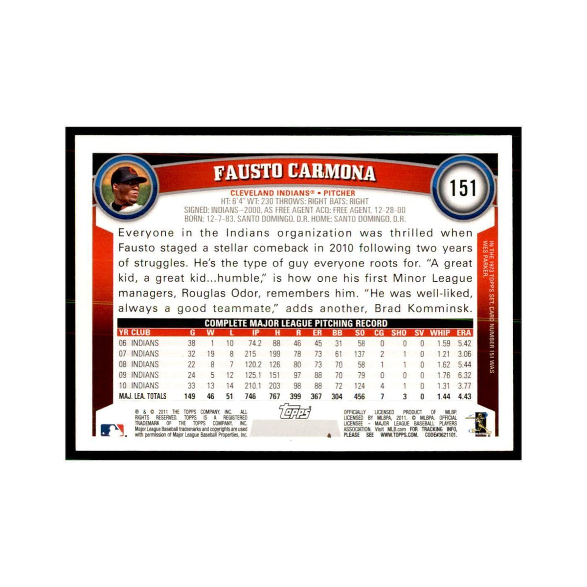 2011 Topps Fausto Carmona Baseball Cards #151