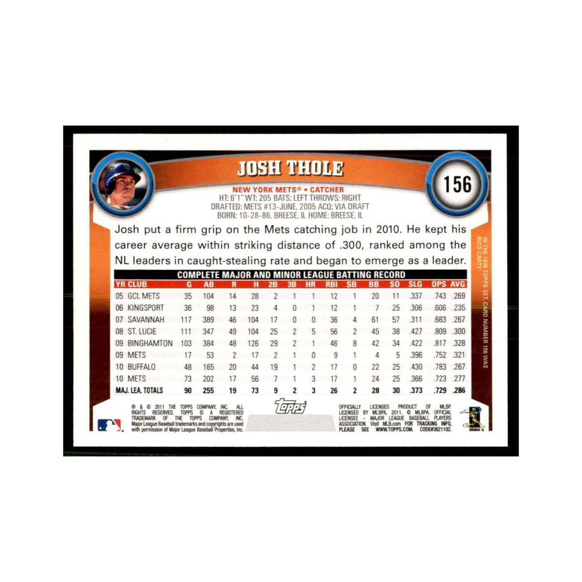 2011 Topps Josh Thole Baseball Cards #156