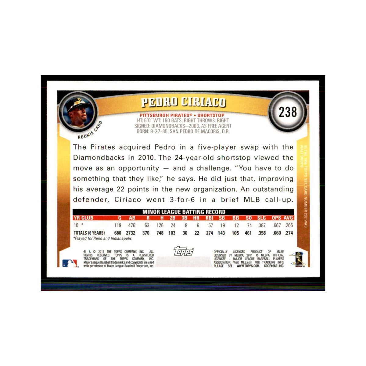 2011 Topps Pedro Ciriaco Baseball Cards #238