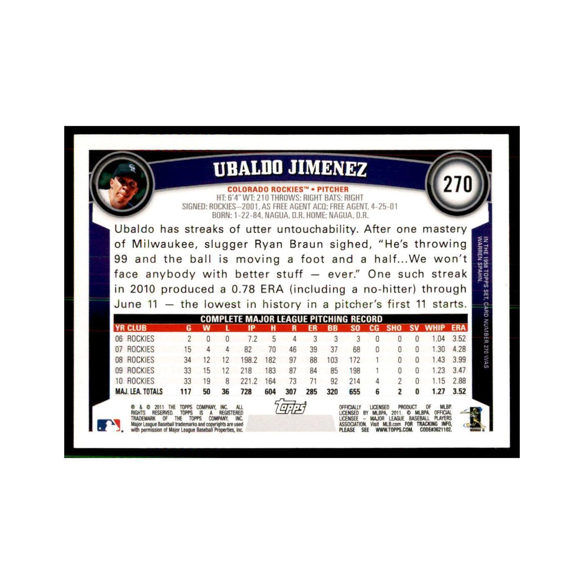 2011 Topps Ubaldo Jimenez Baseball Cards #270