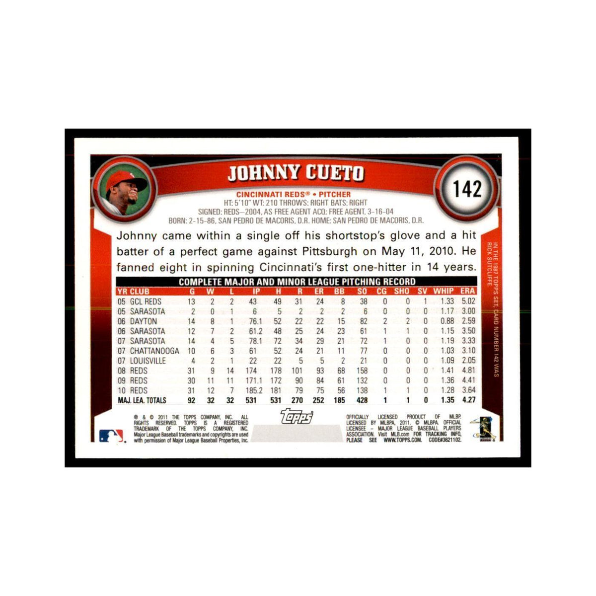 2011 Topps Johnny Cueto Baseball Cards #142