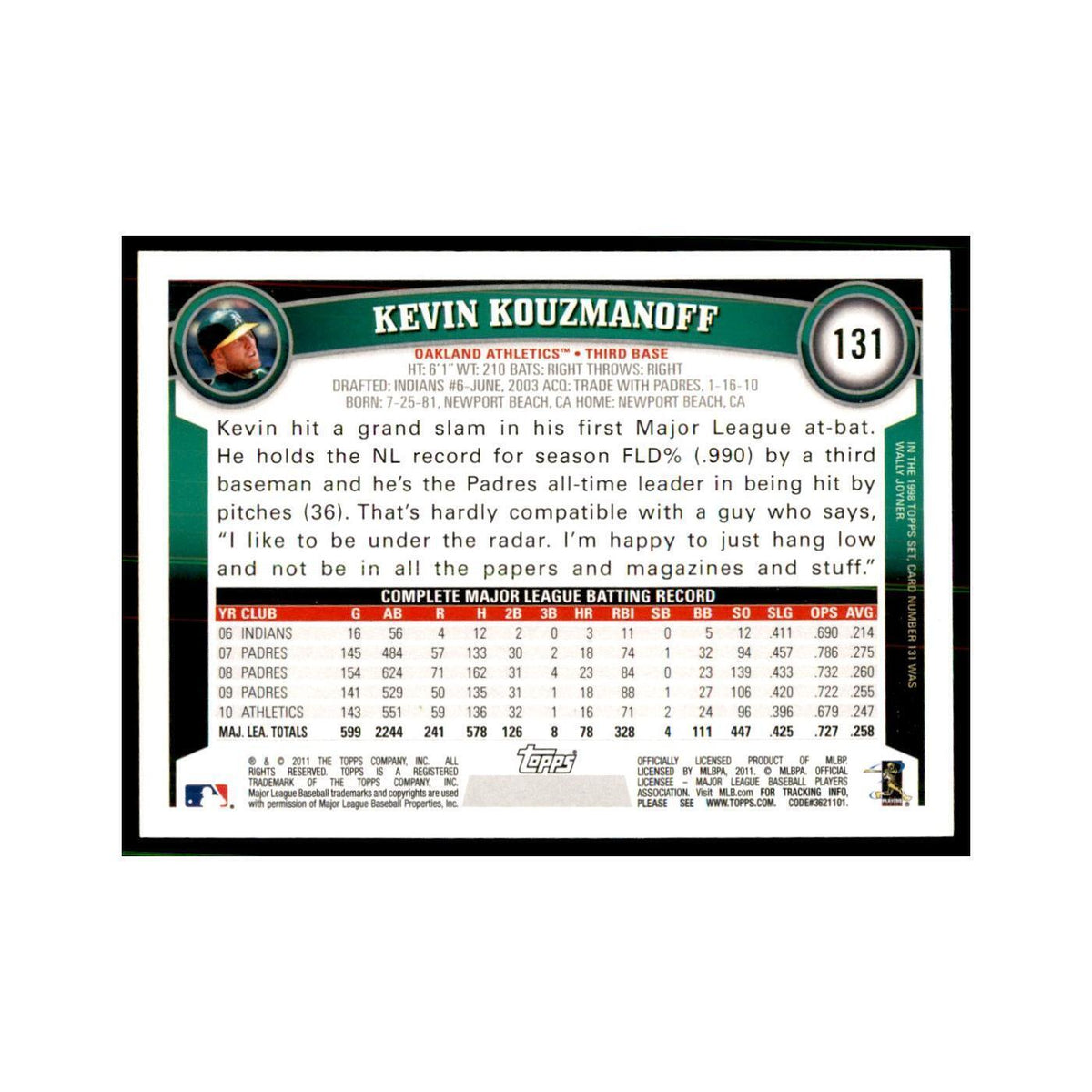 2011 Topps Kevin Kouzmanoff Baseball Cards #131