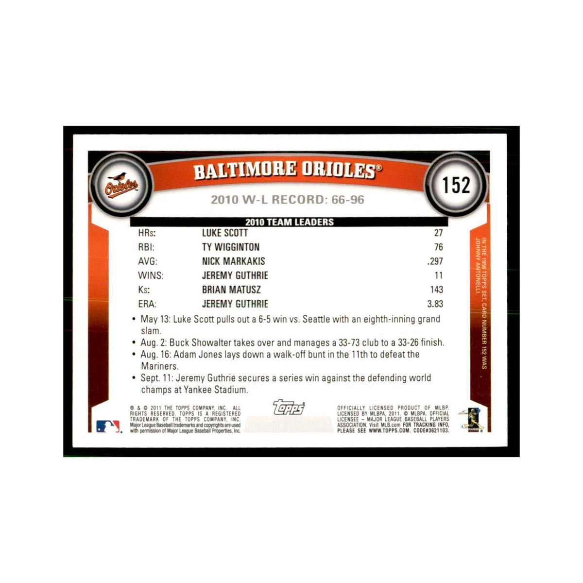 2011 Topps Baltimore Orioles Baseball Cards #152