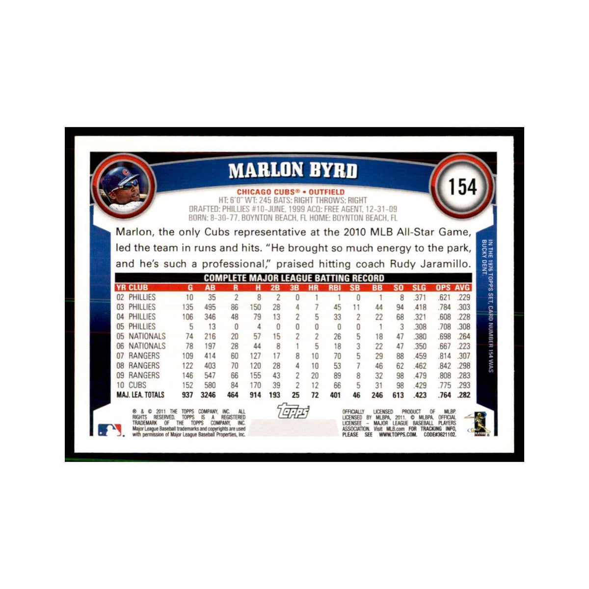 2011 Topps Marlon Byrd Baseball Cards #154