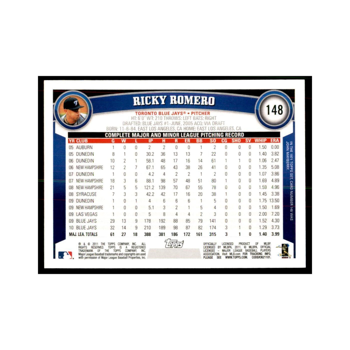 2011 Topps Ricky Romero Baseball Cards #148
