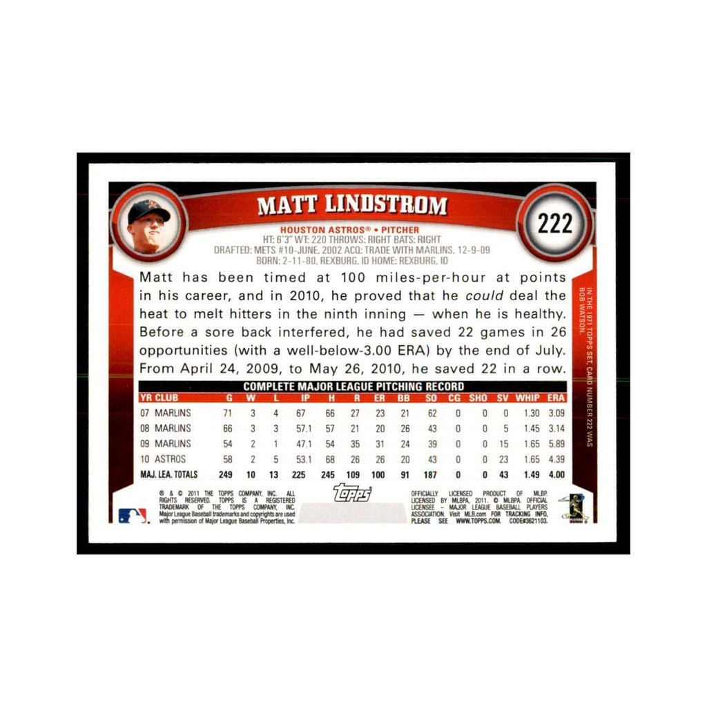 2011 Topps Matt Lindstrom Baseball Cards #222