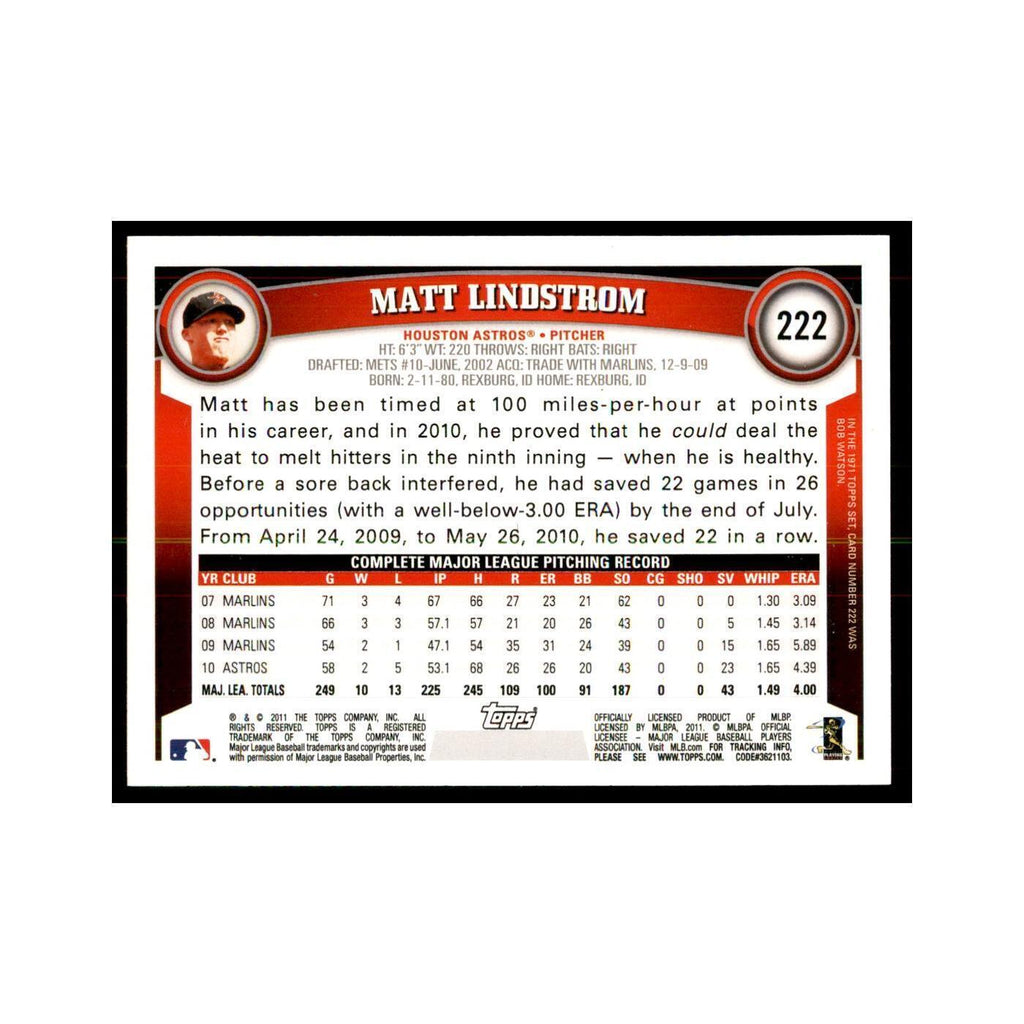 2011 Topps Matt Lindstrom Baseball Cards #222