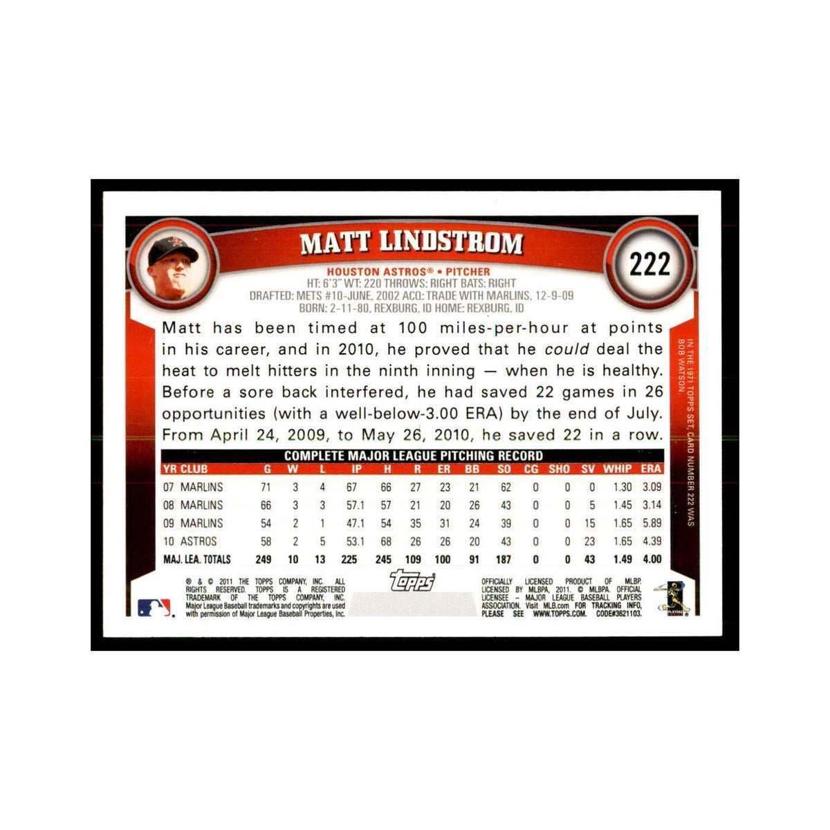 2011 Topps Matt Lindstrom Baseball Cards #222