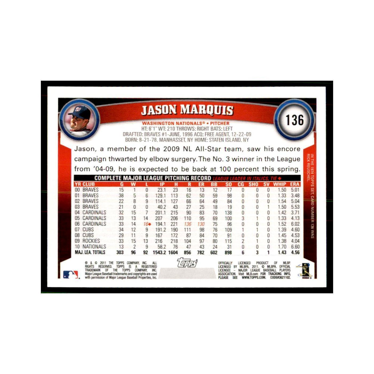 2011 Topps Jason Marquis Baseball Cards #136