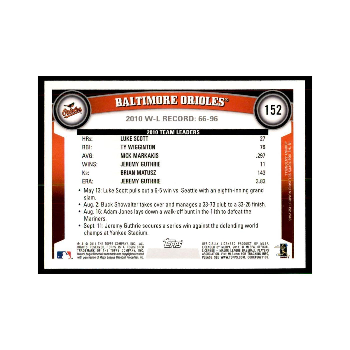 2011 Topps Baltimore Orioles Baseball Cards #152