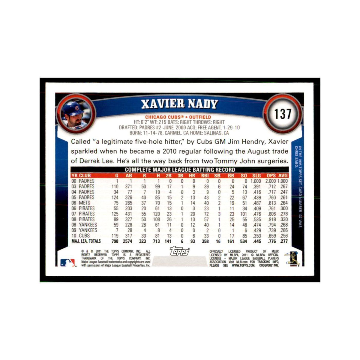 2011 Topps Xavier Nady Baseball Cards #137