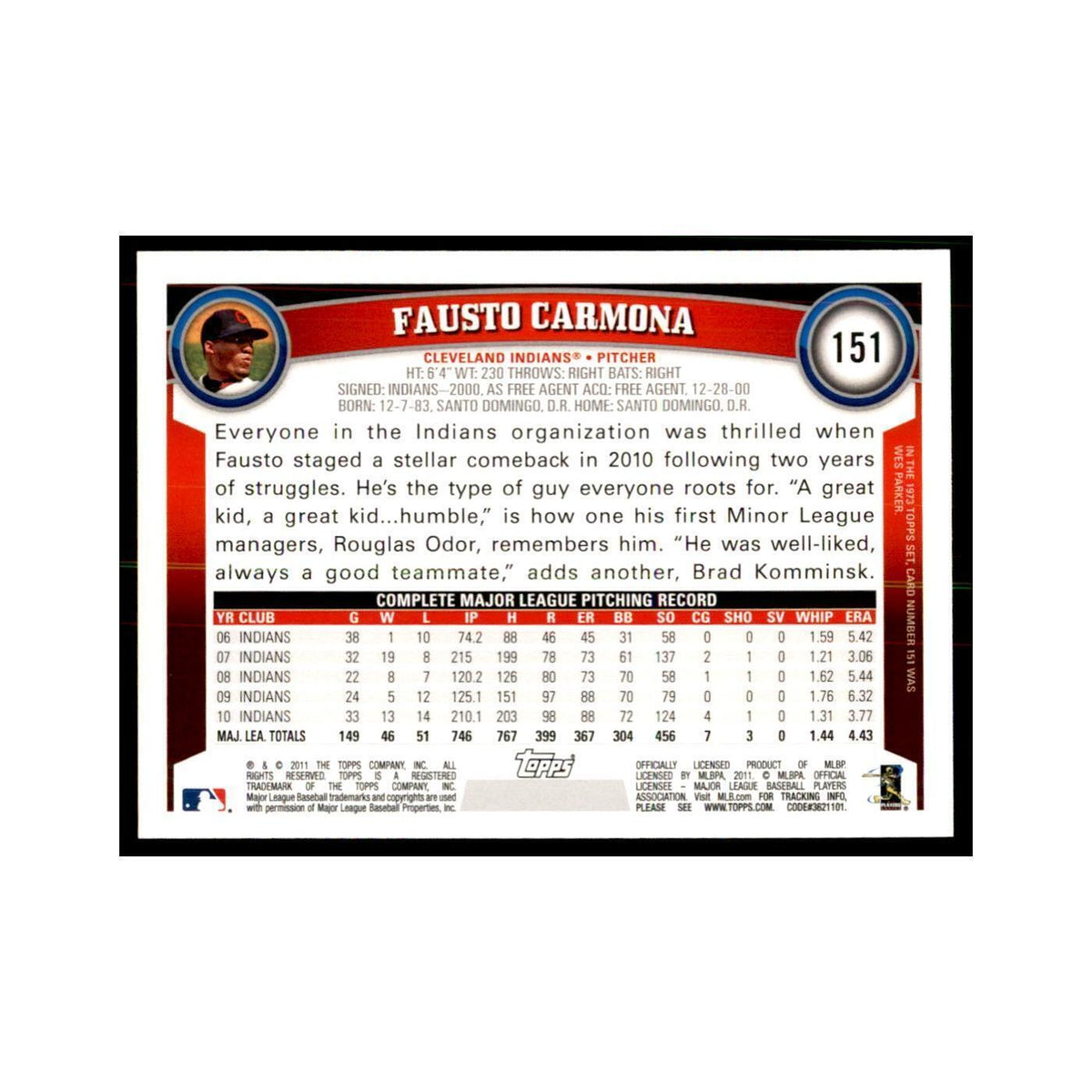 2011 Topps Fausto Carmona Baseball Cards #151