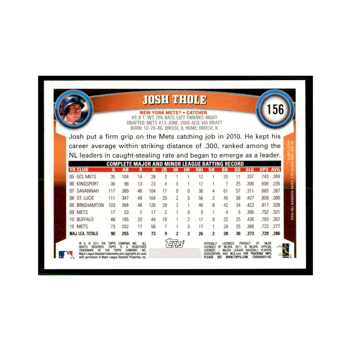 2011 Topps Josh Thole Baseball Cards #156