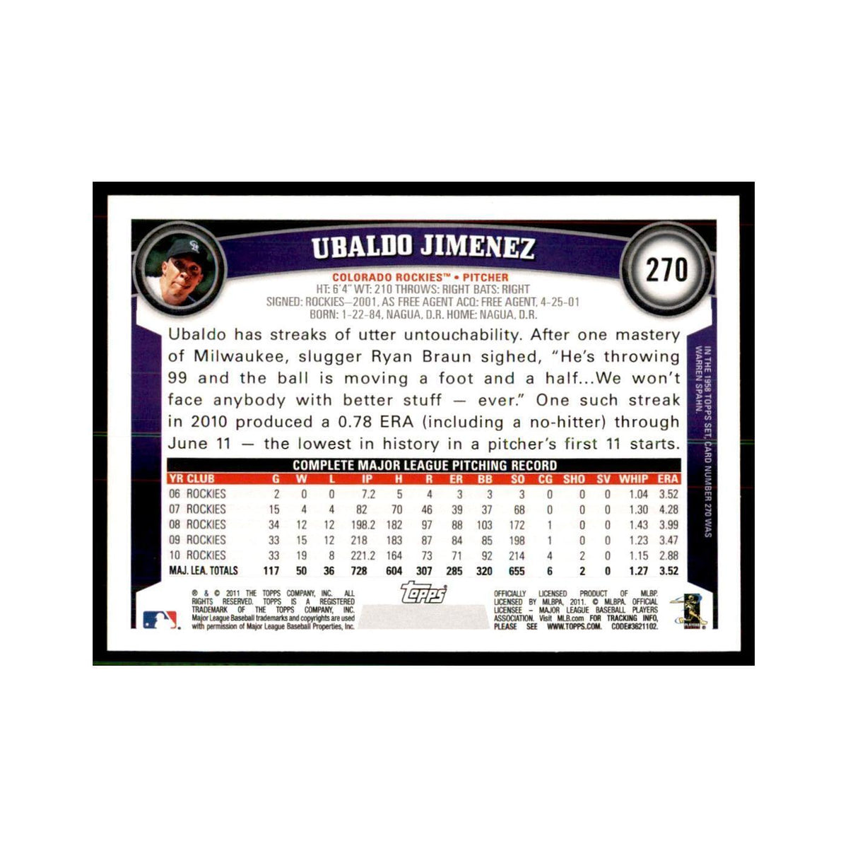2011 Topps Ubaldo Jimenez Baseball Cards #270
