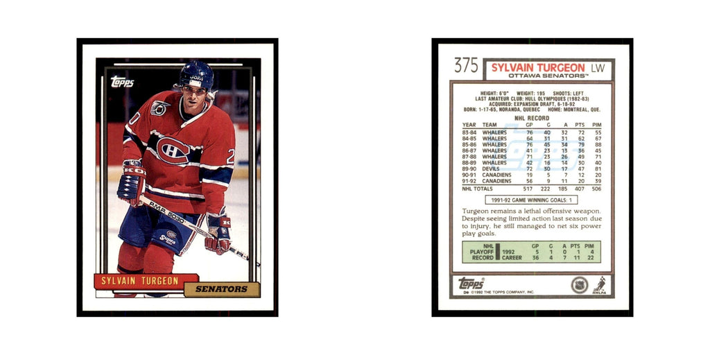 Sylvain Turgeon 1992 Topps #375 Hockey Cards Hockey Card NM
