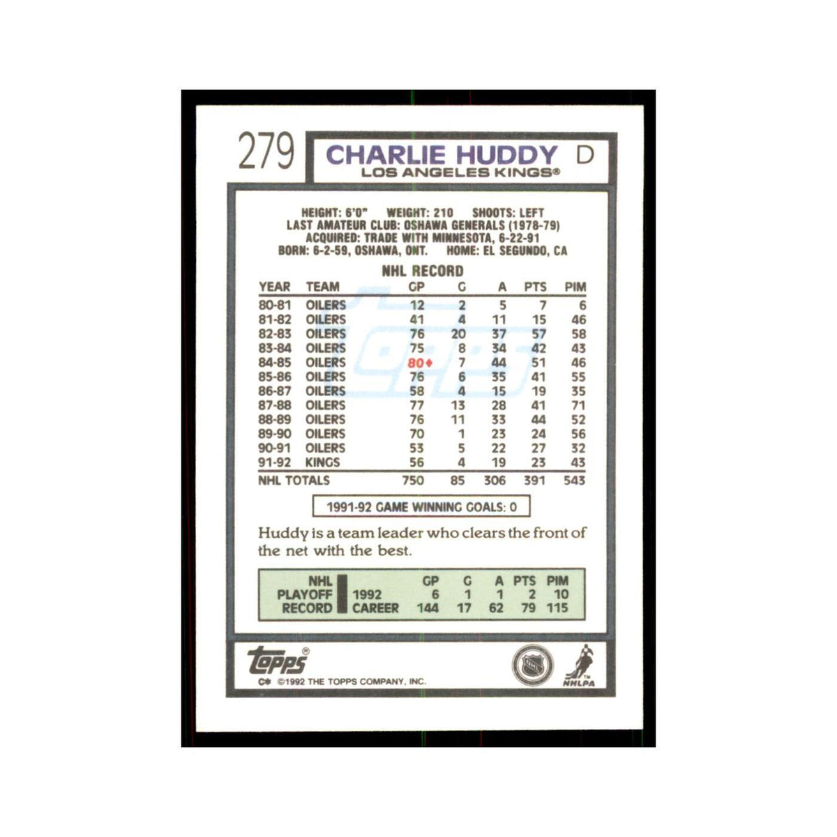 Charlie Huddy 1992 Topps #279 Hockey Cards Hockey Card NM