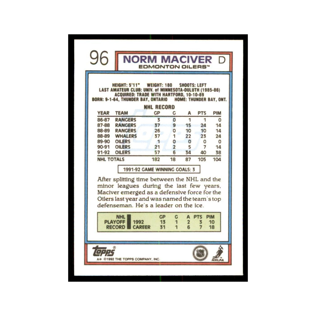 Norm Maciver 1992 Topps #96 Hockey Cards Hockey Card NM