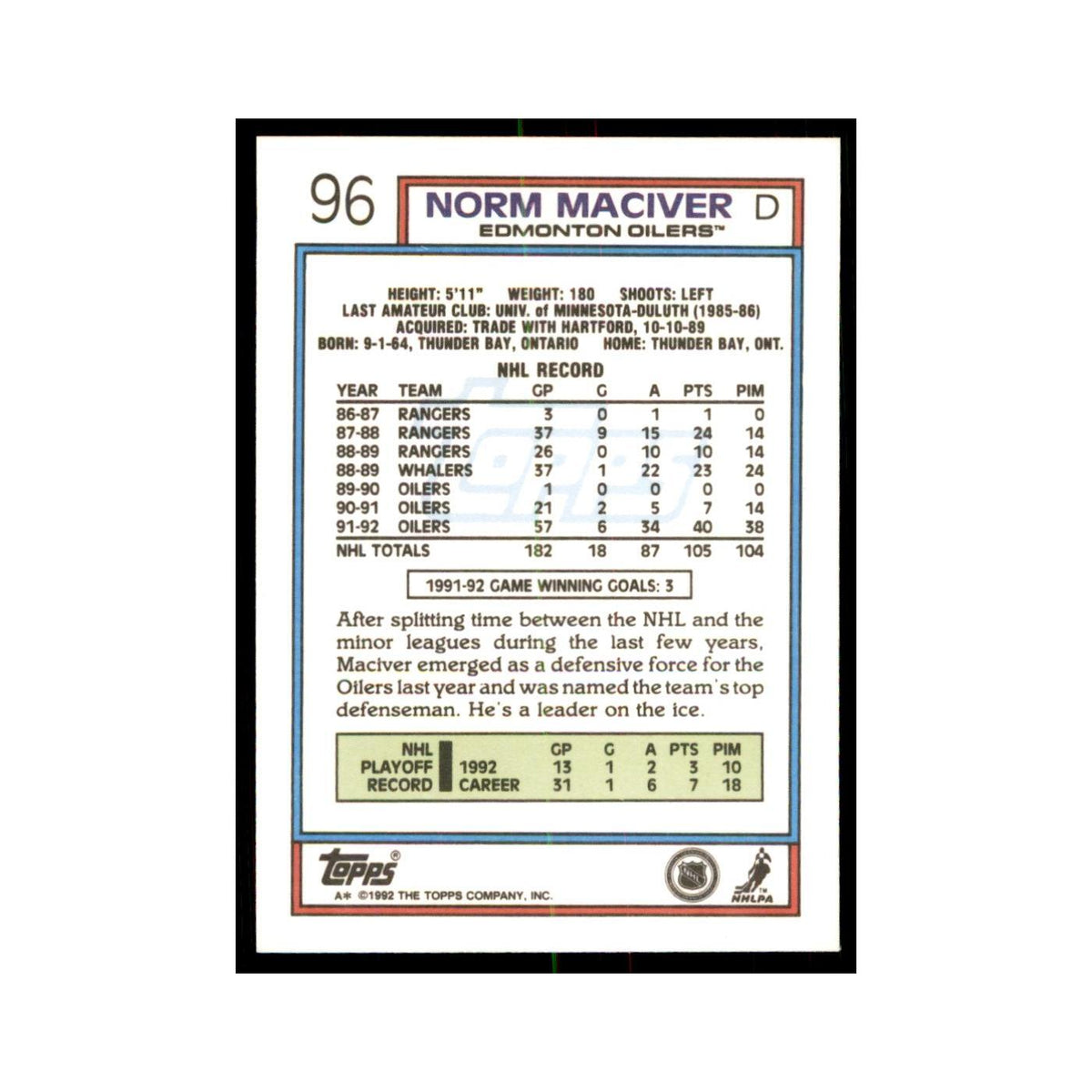 Norm Maciver 1992 Topps #96 Hockey Cards Hockey Card NM