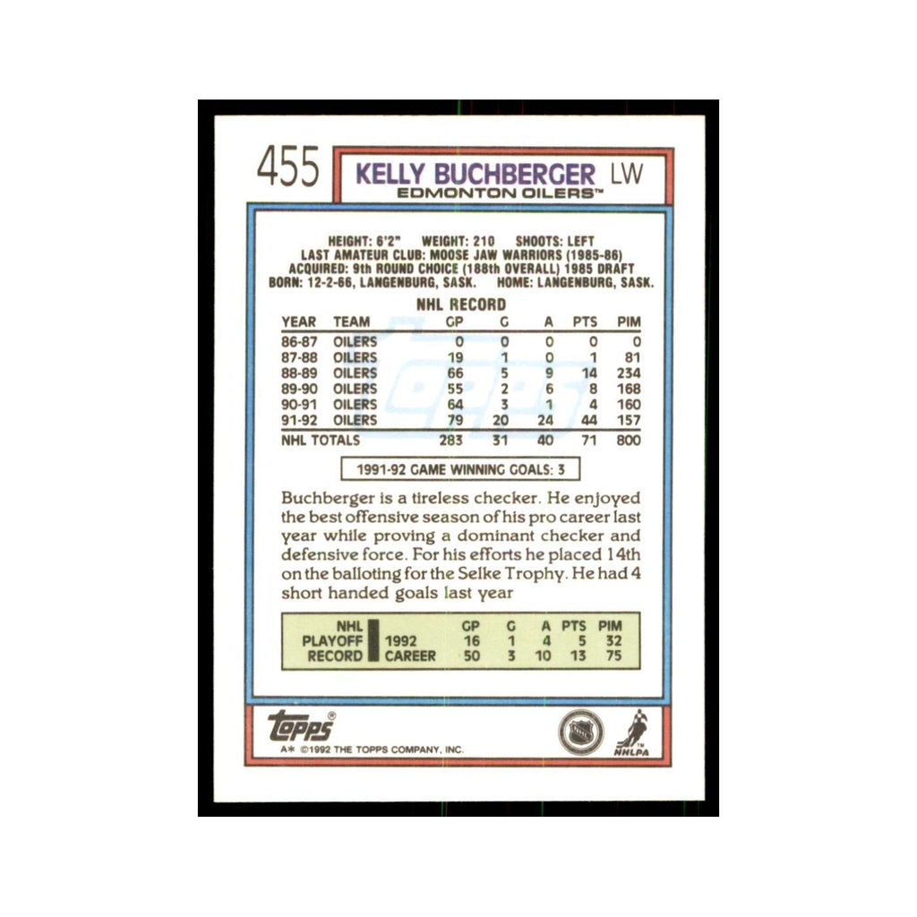Kelly Buchberger 1992 Topps #455 Hockey Cards Hockey Card NM