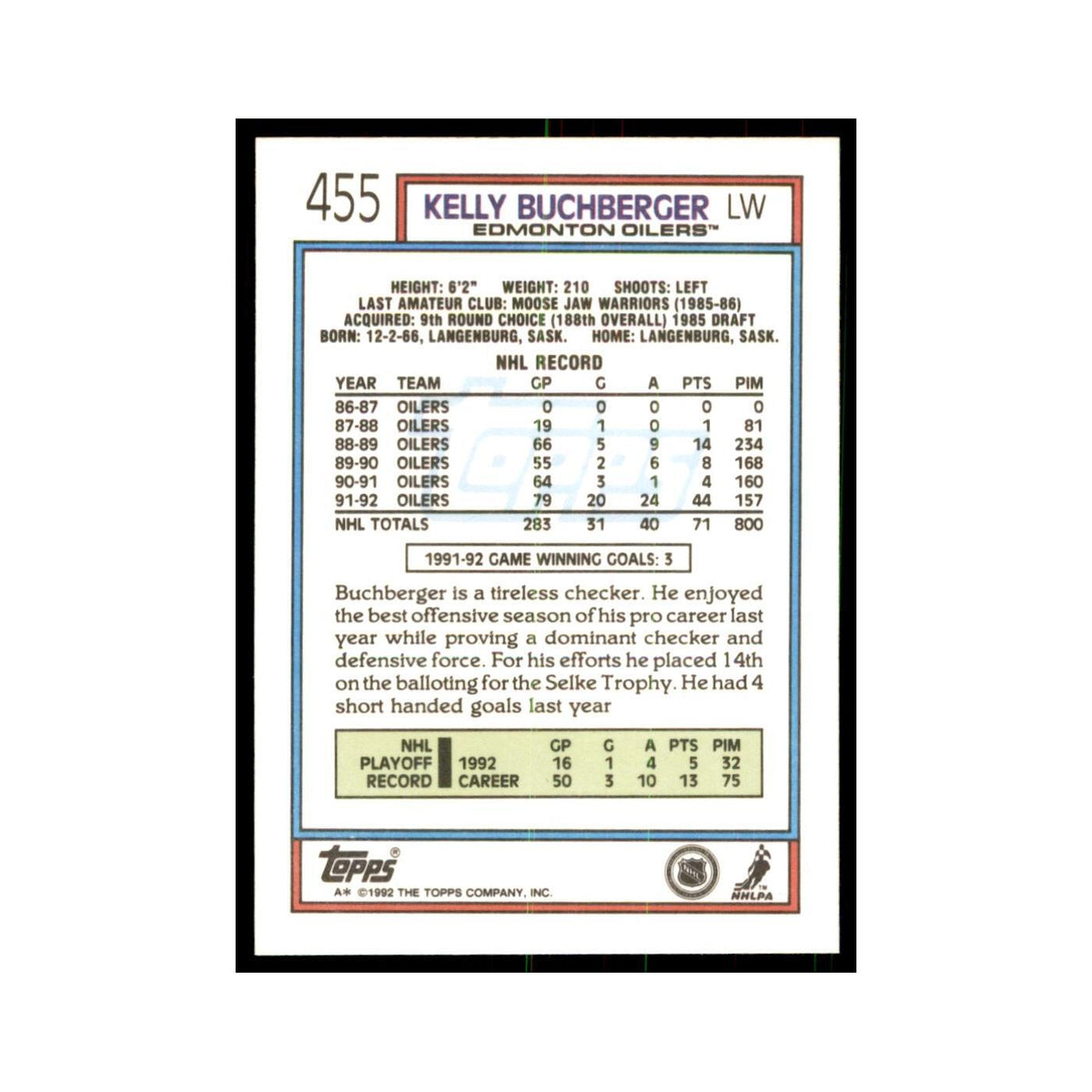 Kelly Buchberger 1992 Topps #455 Hockey Cards Hockey Card NM