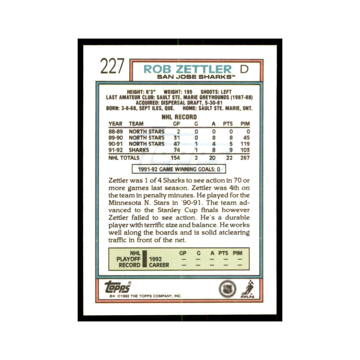 Rob Zettler 1992 Topps #227 Hockey Cards Hockey Card NM