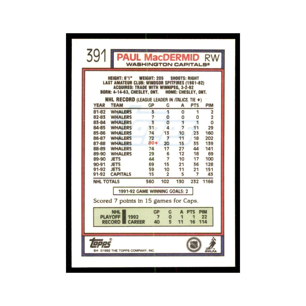 Paul MacDermid 1992 Topps #391 Hockey Cards Hockey Card NM