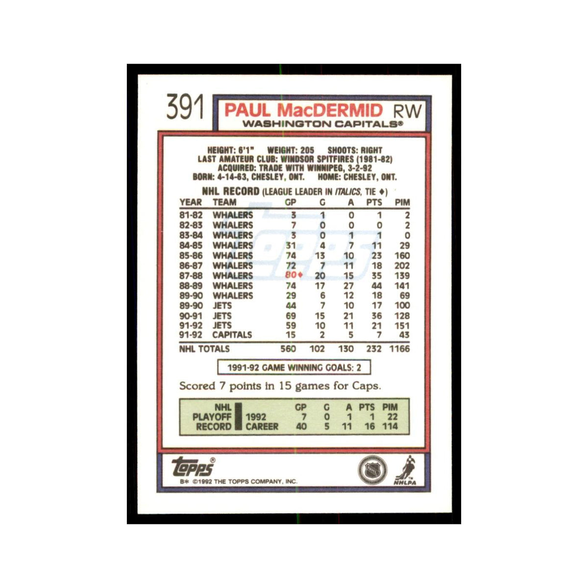 Paul MacDermid 1992 Topps #391 Hockey Cards Hockey Card NM