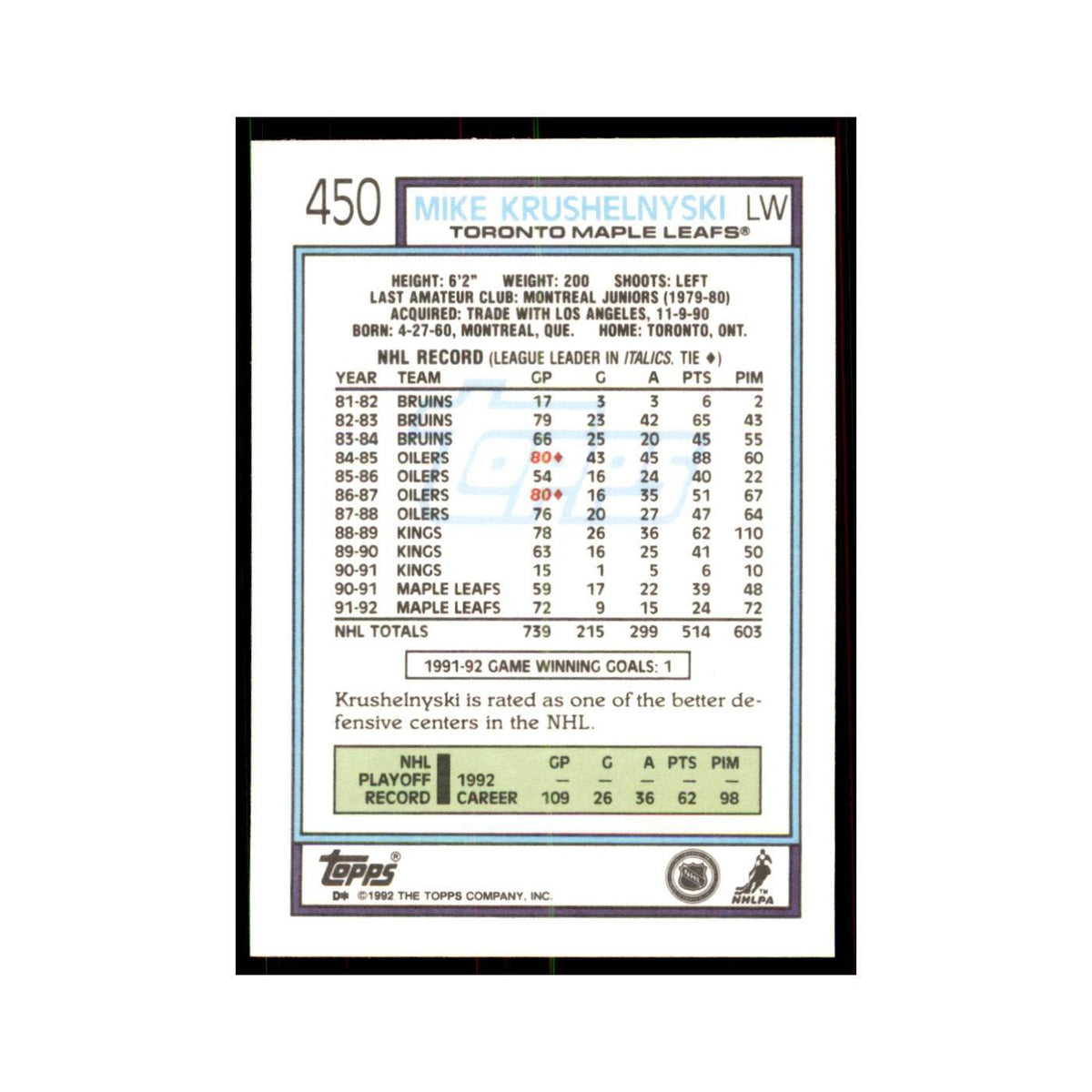 Mike Krushelnyski 1992 Topps #450 Hockey Cards Hockey Card NM