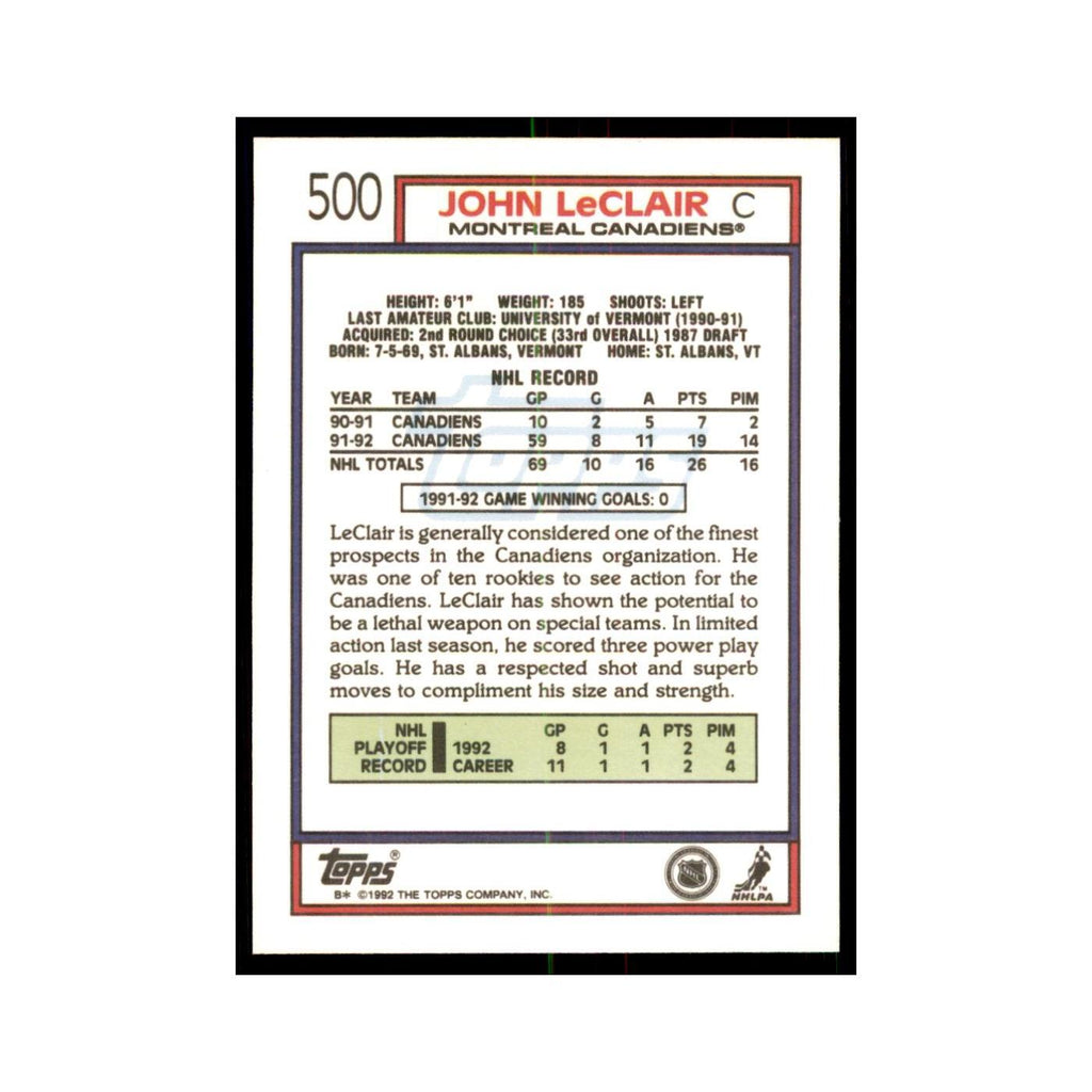 John LeClair 1992 Topps #500 Hockey Cards Hockey Card NM