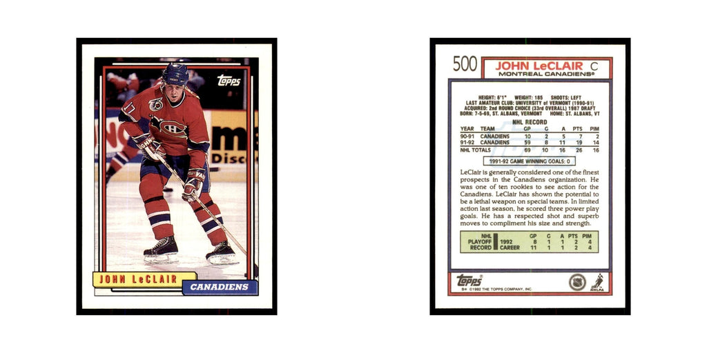 John LeClair 1992 Topps #500 Hockey Cards Hockey Card NM