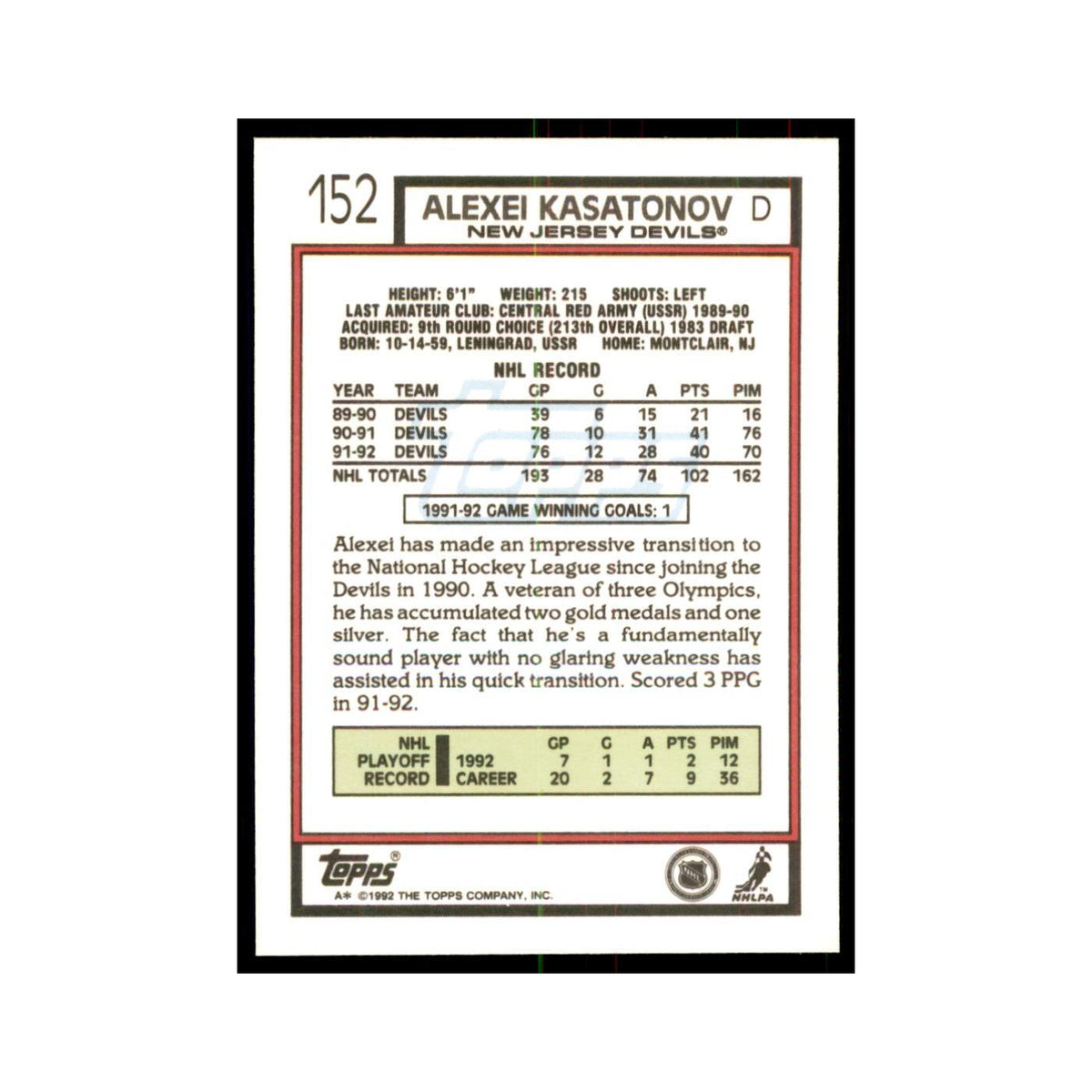 Alexei Kasatonov 1992 Topps #152 Hockey Cards Hockey Card NM